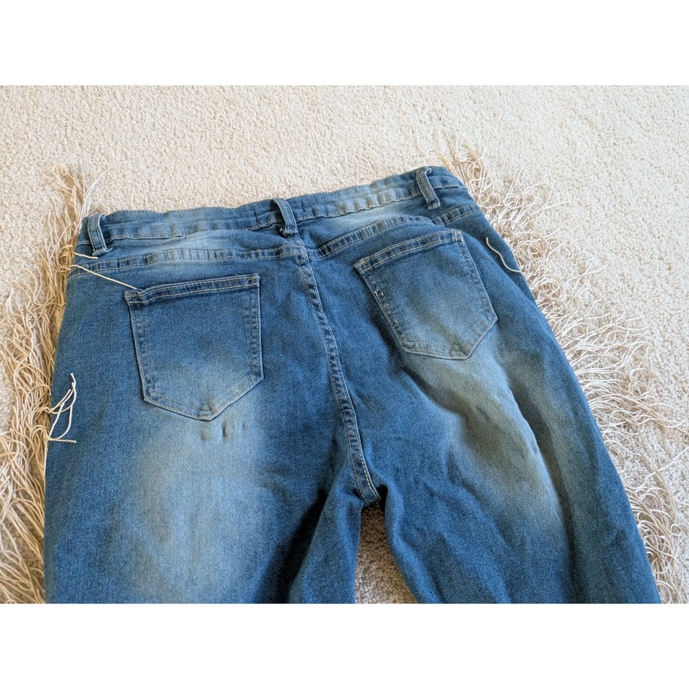 Mundefeis Womens Denim Fringe Boho Jeans XL Blue Distressed Straight Leg - Picture 14 of 14